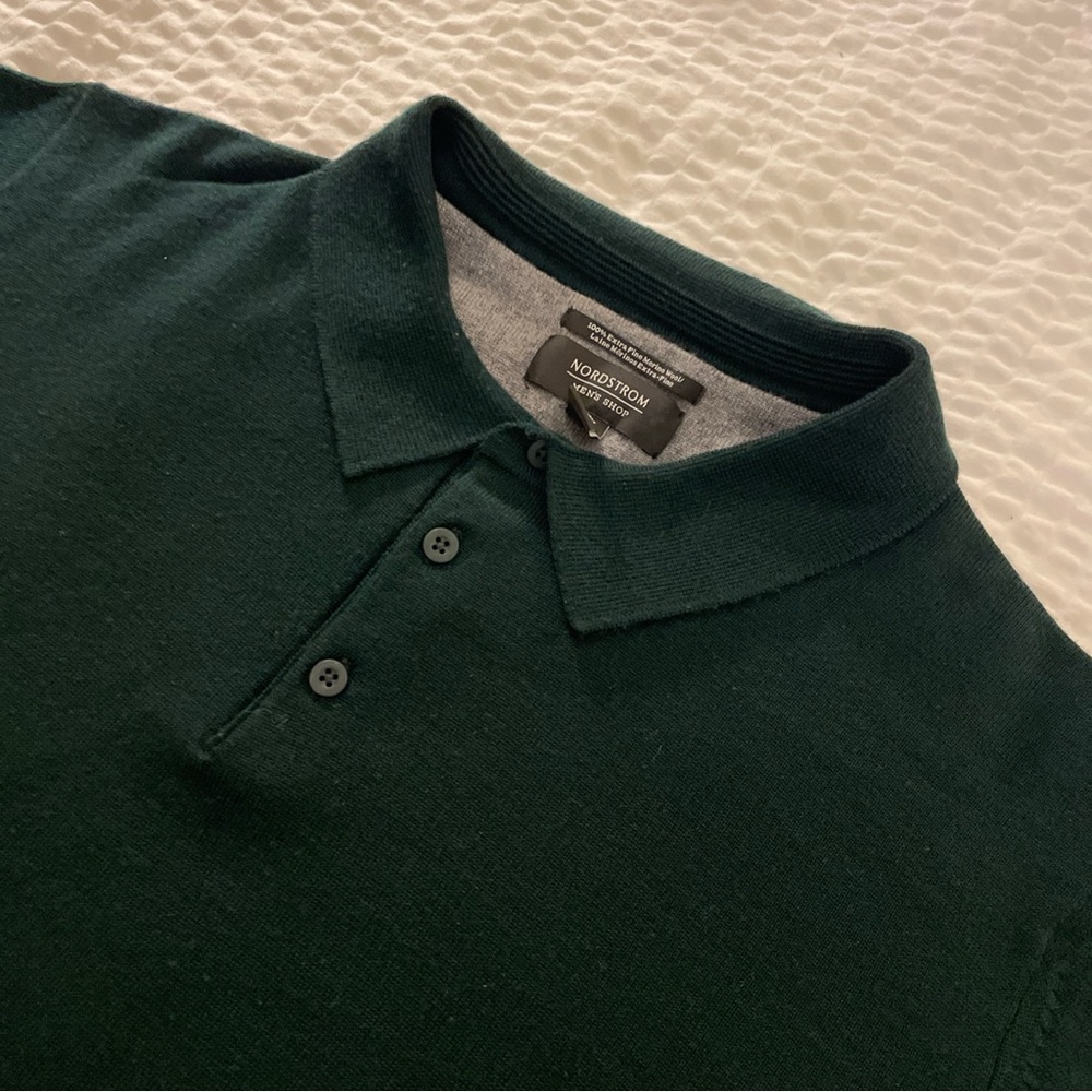Nordstrom 100% Extra Fine Merino Wool Men's Green Polo Sweater XL‎